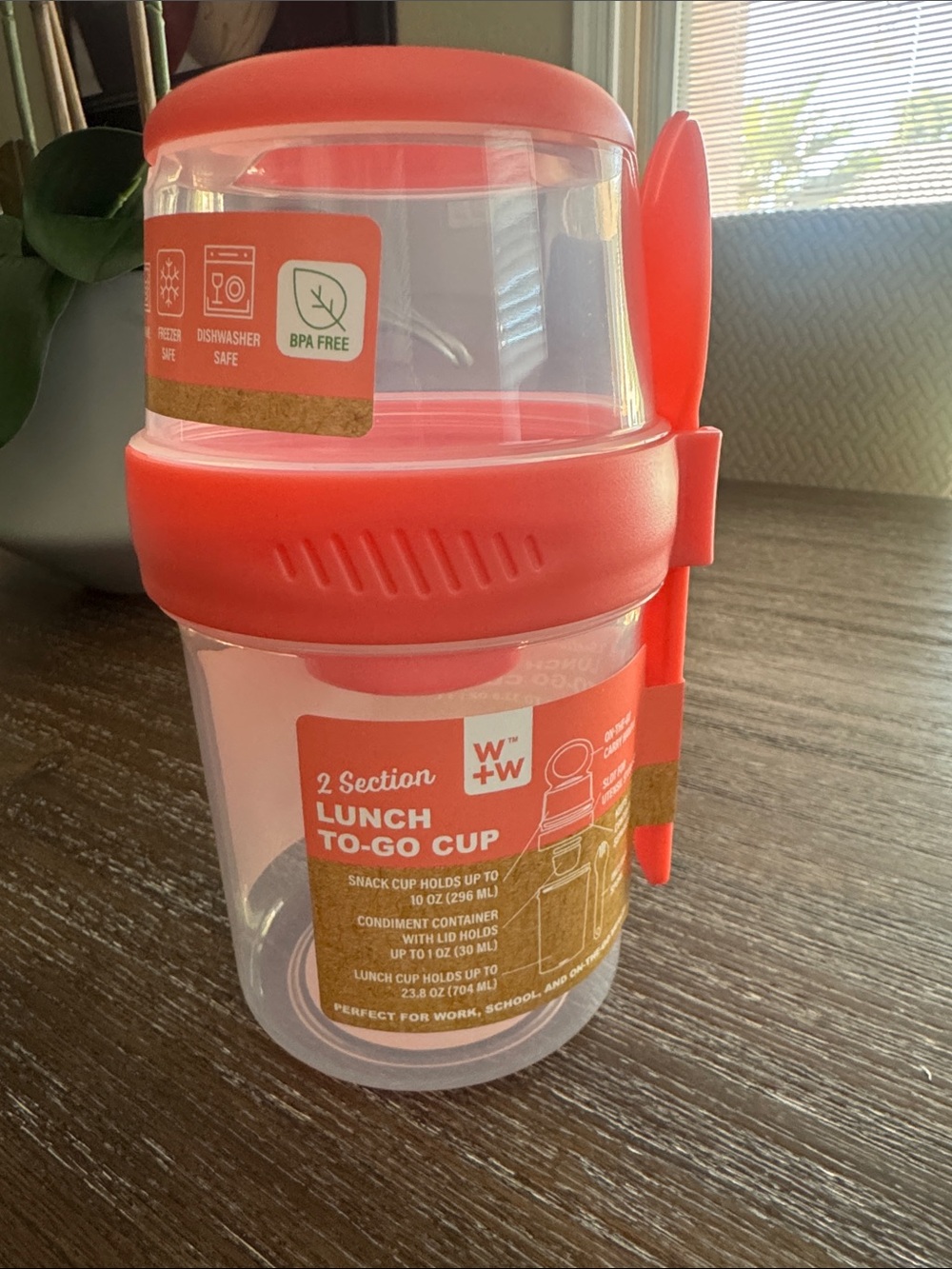 2-Section Lunch To-Go Cup with Spoon in Coral